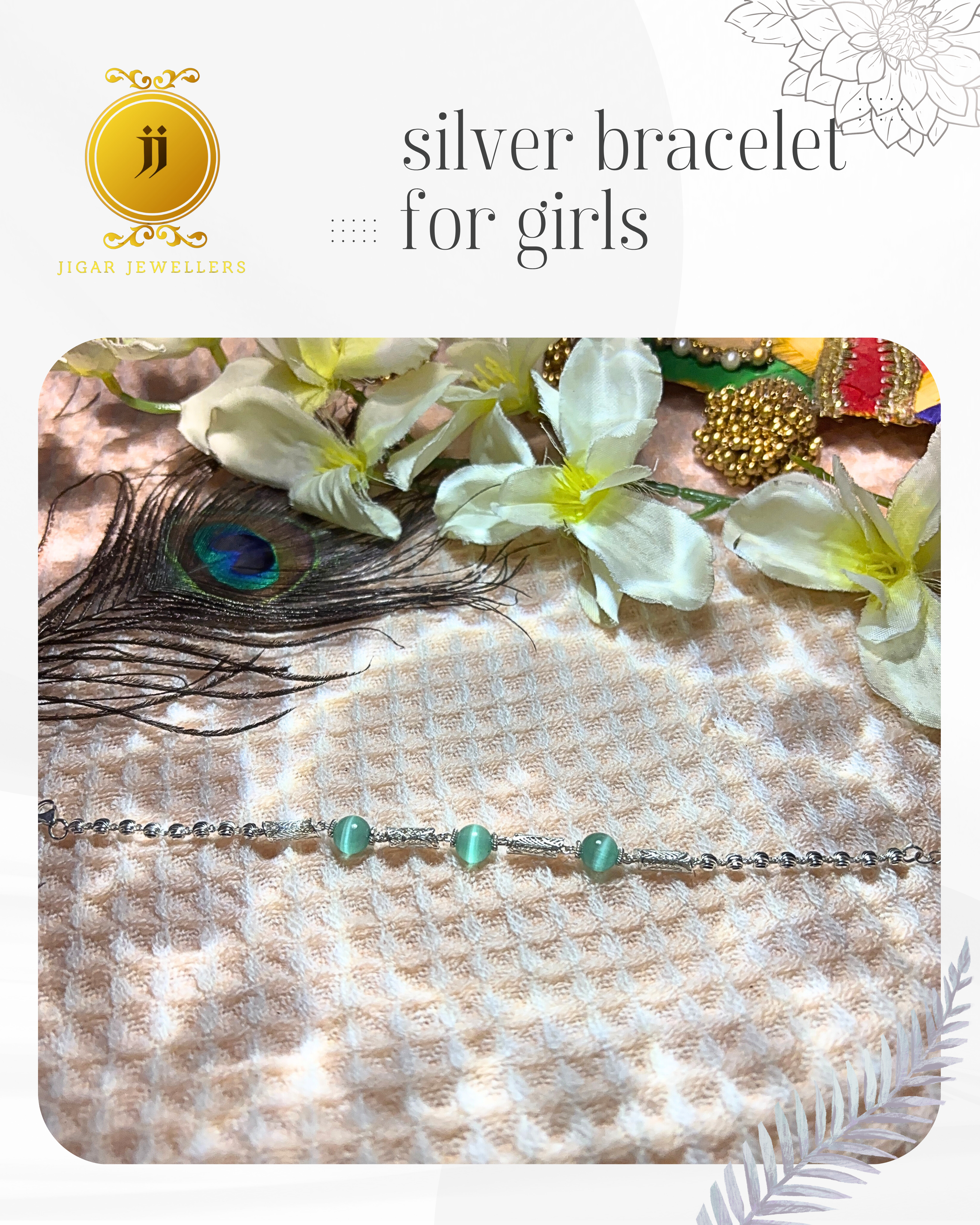 Pure Silver 3 Bead Teal Cat's Eye Bracelets For Her 6.70g Silver [with silver bill]