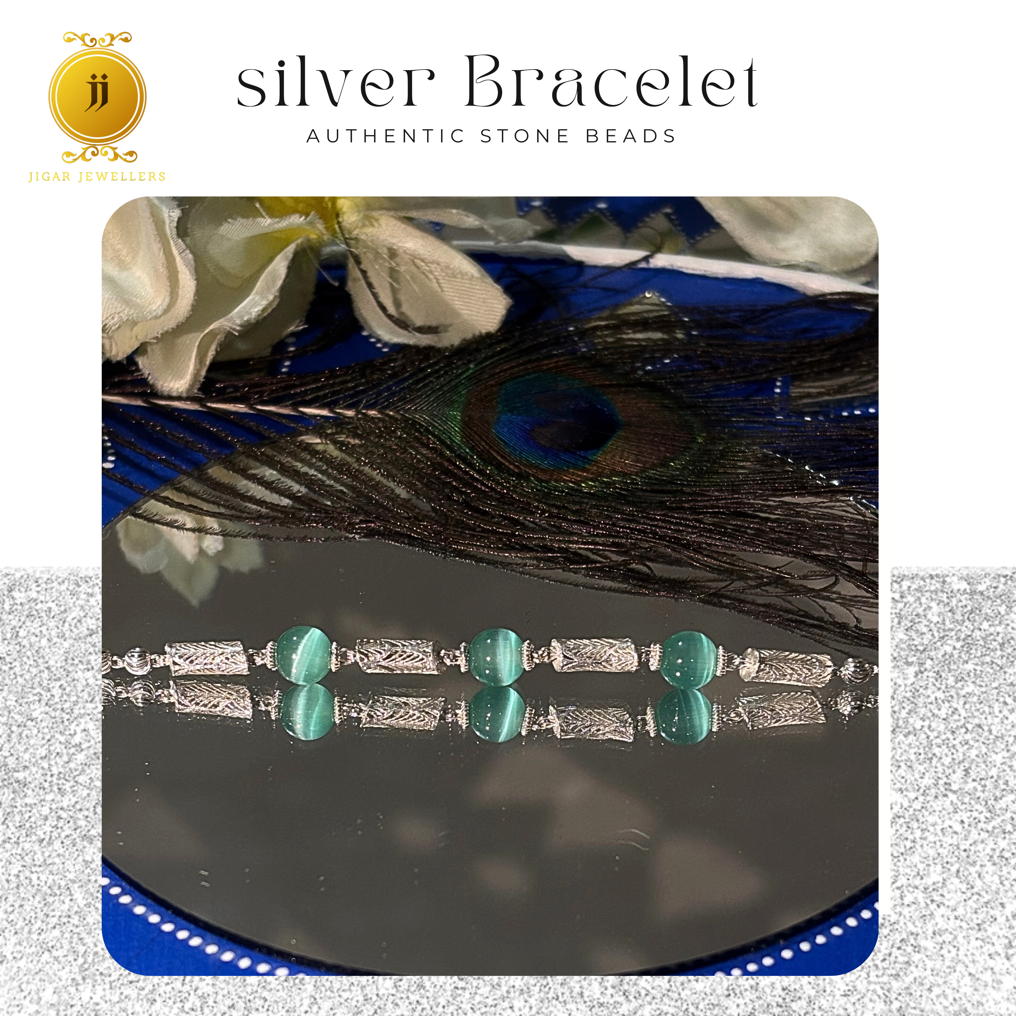 Pure Silver 3 Bead Teal Cat's Eye Bracelets For Her 6.70g Silver [with silver bill]